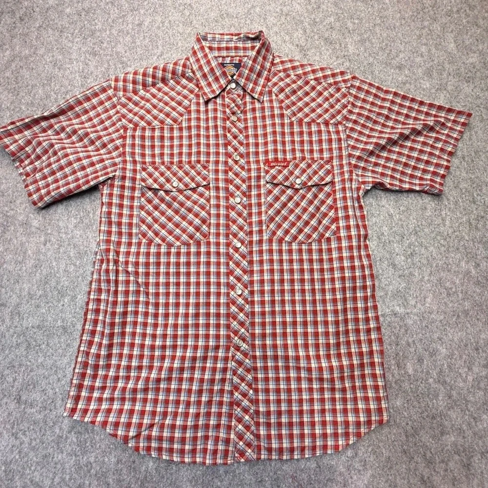 Dickies Western Shirt Mens S Pearl Snap Cotton Blend Red Blue Plaid Short Sleeve